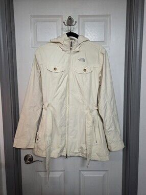 The North Face Women's Hyvent Cream Hooded Belted Rain Outdoor Jacket Size Large